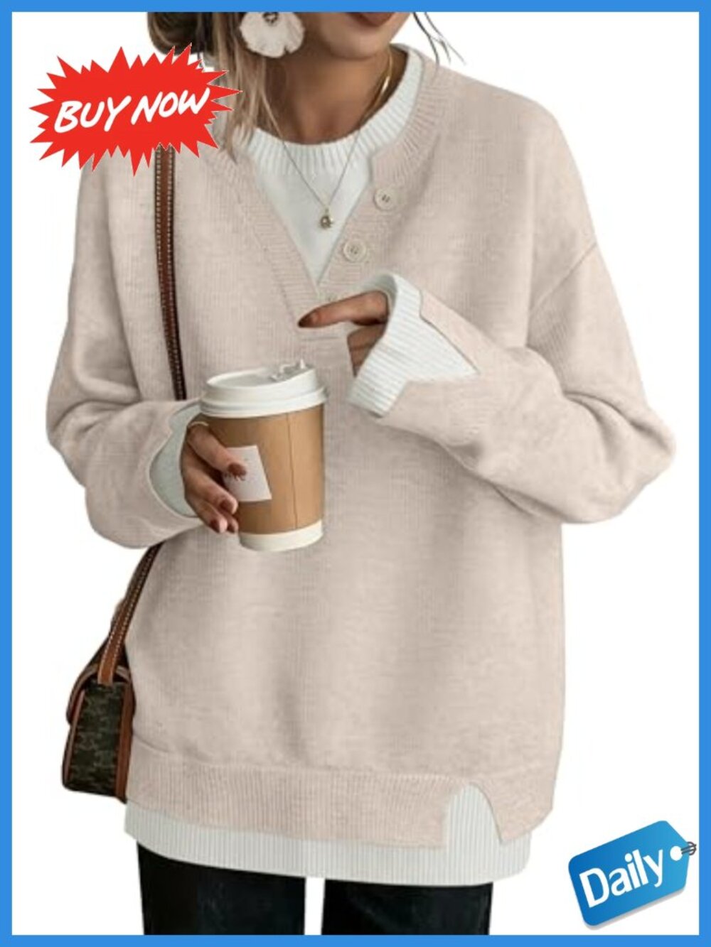 Women's Oversized Knit Pullover Sweater Crew Neck Drop Shoulder